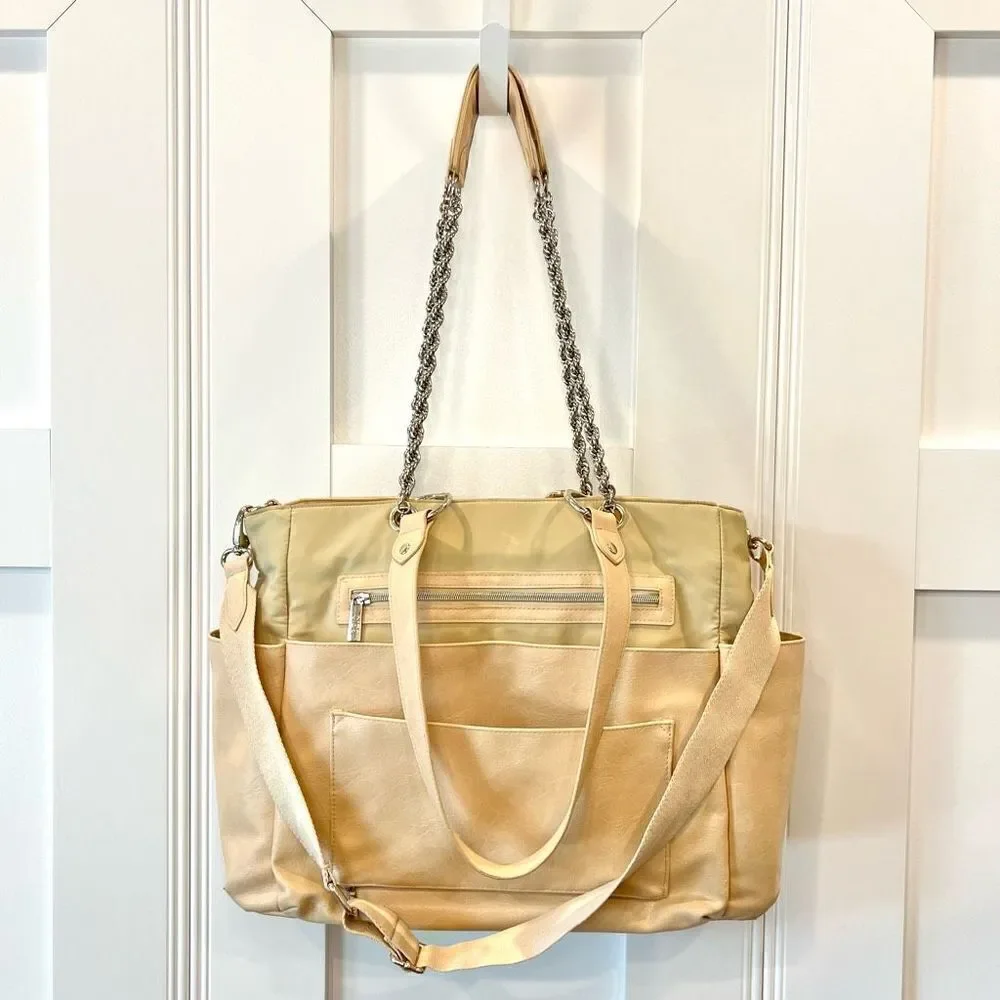 Beis The Baby Bag in Beige Buffalo Trim Vegan Leather 5 Pockets Gold Hardware